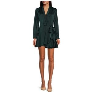 Lucy Paris Satin V-Neck Long Sleeve Flounce Hem Wrap Dress